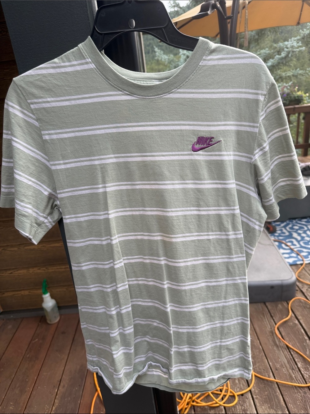 Nike Men’s Sage Green and White Striped Crew T-Shirt with Purple Logo